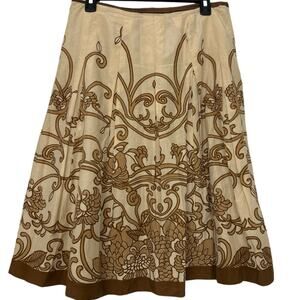 Felicia & Company Silk Cotton Midi Skirt Cream Brown Floral Scroll Romantic 6
